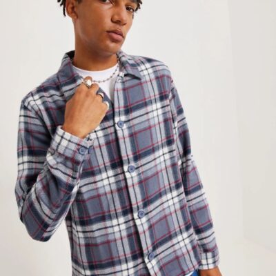 Vaatteet KnowledgeCotton Apparel  | Big Checked Heavy Flannel Overshirt – Gots/Vegan China Blue